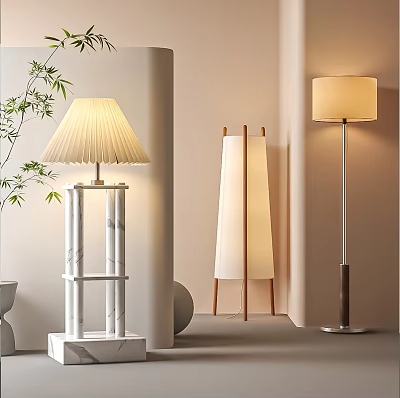 Modern Floor Lamps With Pleated Marble Wooden Metal Designs For Elegant Living Room Interior Design 3d model