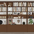 Wooden Bookcase With Books Decorative Sculptures Framed Photos And Potted Plant