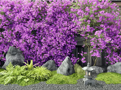 Vines Covered With Purple Flowers Against Wooden Structure With Rocks Fern Plants And Stone Lantern 3d model