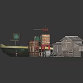Yacht With Barrels And Shed In Diorama Scene