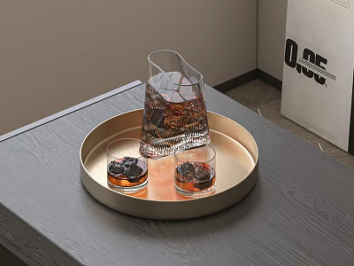 Modern Decanter And Glasses On Golden Tray Over Gray Table 3d model