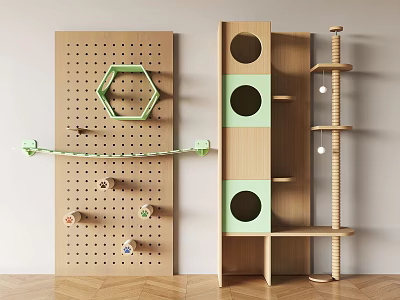 Wooden Cat Tree with Green Hole Design Platforms Spiral Pole and Hanging Balls for Cats 3d model