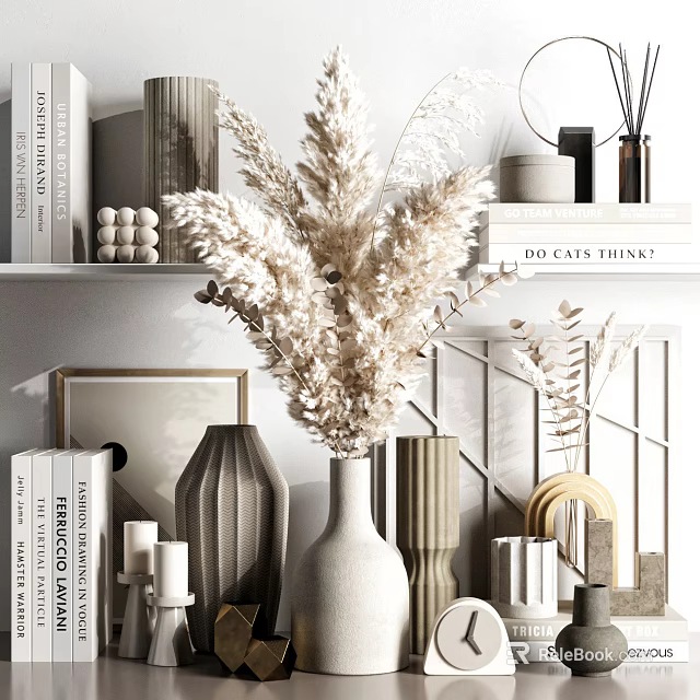 Modern Minimalist Home Decorative Ornament Set With Dried Pampas Grass Vase Books And Geometric Accents 3d model 