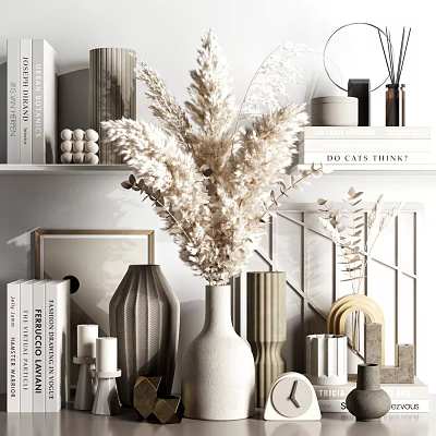 Modern Minimalist Home Decorative Ornament Set With Dried Pampas Grass Vase Books And Geometric Accents 3d model