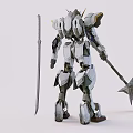 White Gundam Model With Gold Accents Holding Large Spear And Long Sword