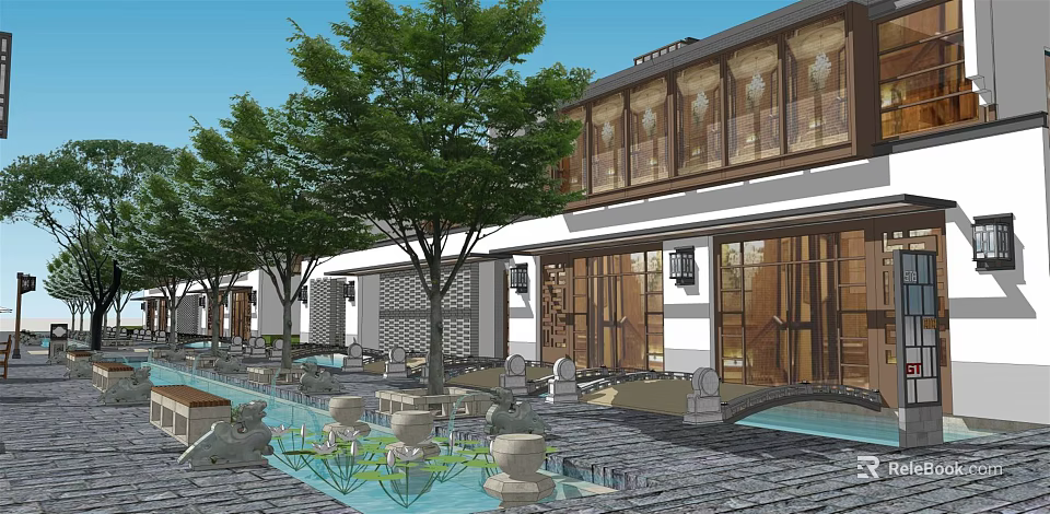 Traditional Chinese Commercial Street With Trees Fountains Stone Paved Walkway And Outdoor Seating 3d model 
