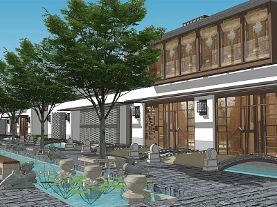 Traditional Chinese Commercial Street With Trees Fountains Stone Paved Walkway And Outdoor Seating 3d model