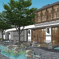 Traditional Chinese Commercial Street With Trees Fountains Stone Paved Walkway And Outdoor Seating