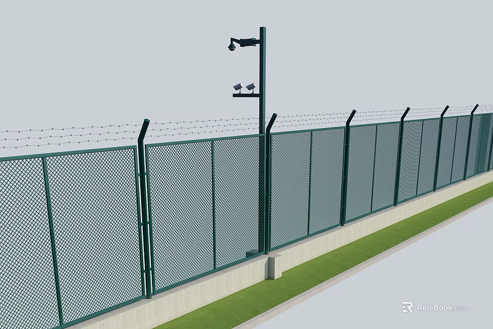Green Metal Mesh Fence with Barbed Wire on Top and Security Camera on Light Pole 3d model 