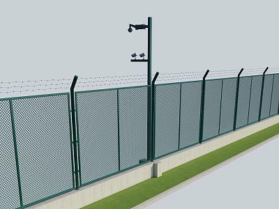 Green Metal Mesh Fence with Barbed Wire on Top and Security Camera on Light Pole 3d model