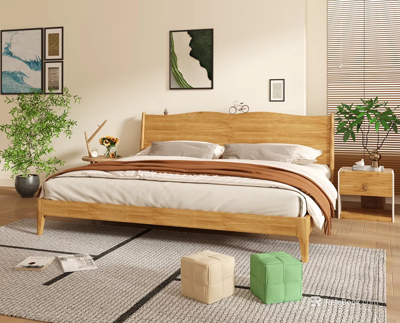Cozy Bedroom Interior With Wooden Bed Pillows Bedding Green Plants Decorative Paintings And Rug 3d model 
