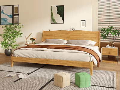 Cozy Bedroom Interior With Wooden Bed Pillows Bedding Green Plants Decorative Paintings And Rug 3d model