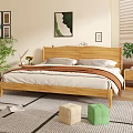 Cozy Bedroom Interior With Wooden Bed Pillows Bedding Green Plants Decorative Paintings And Rug