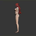 3d model woman with red hair wearing black bikini standing on gray background