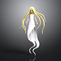 3D Female Character With Long Blonde Hair And White Flowing Dress On Gradient Background