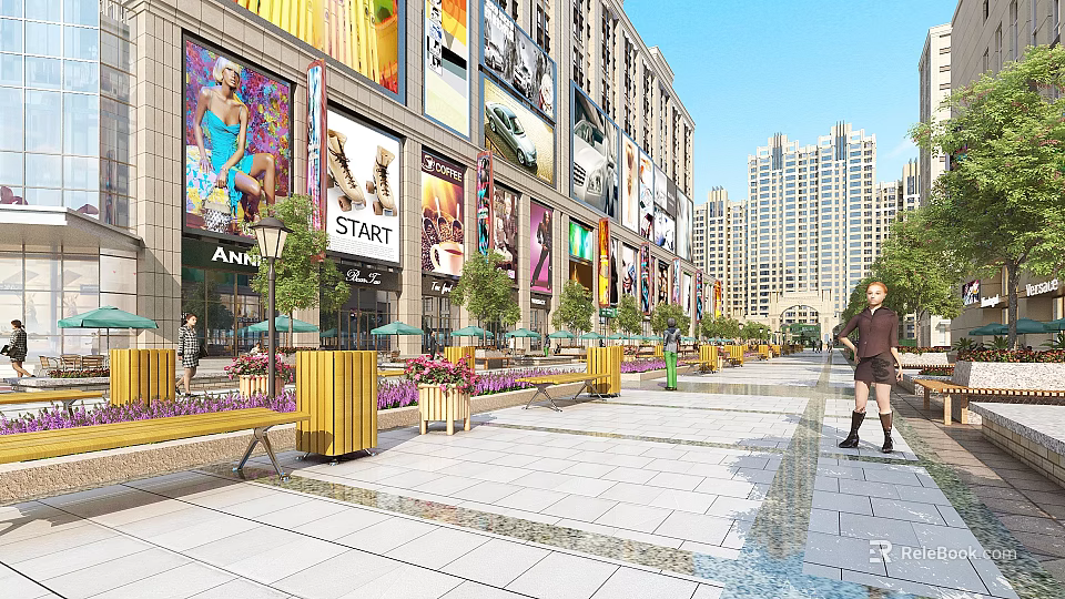 Vibrant Commercial Street With Shops Tall Buildings Billboards Benches Green Plants And Pedestrians 3d model 
