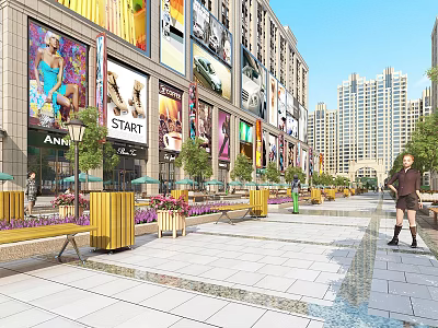 Vibrant Commercial Street With Shops Tall Buildings Billboards Benches Green Plants And Pedestrians 3d model