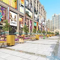 Vibrant Commercial Street With Shops Tall Buildings Billboards Benches Green Plants And Pedestrians