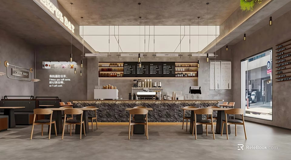 Modern Cafe Interior With Stone Counter Hanging Lights And Wooden Tables 3d model 