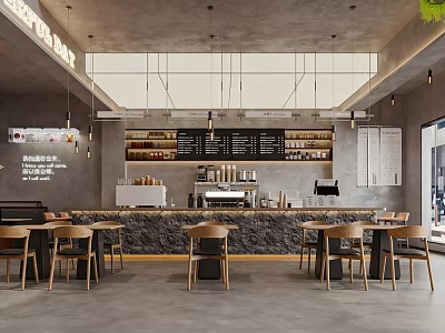 Modern Cafe Interior With Stone Counter Hanging Lights And Wooden Tables 3d model