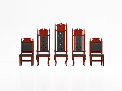 Vintage Classical Wooden Chairs with Ornate Carved Backrests in Mahogany Finish Set of Five 3d model