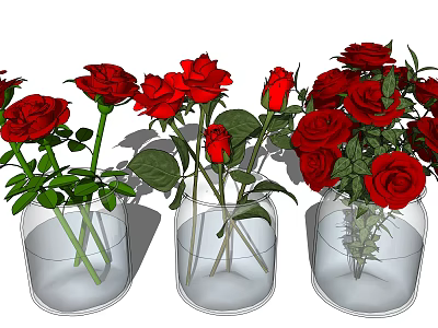 Three Transparent Glass Vases With Red Roses And Green Leaves Decoration 3d model
