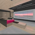 Modern Showroom Interior With Wooden Ceiling White Cabinets Red Sofa And Large Sunset Screen