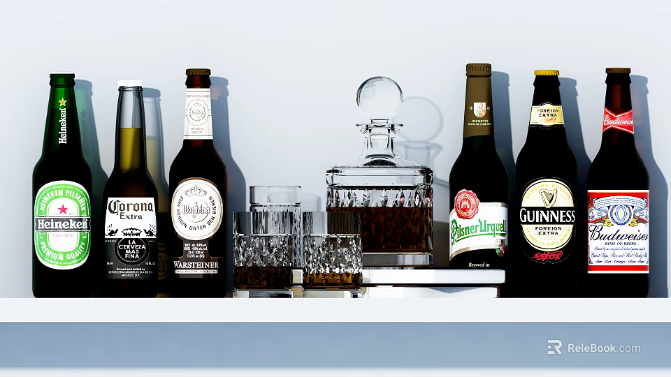 Elegant Wine Bottles And Glasses Displayed On A Shelf With Clear Glassware 3d model 