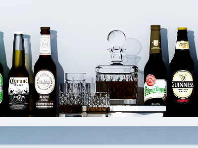 Elegant Wine Bottles And Glasses Displayed On A Shelf With Clear Glassware 3d model