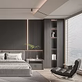 Modern Bedroom Interior With Gray Wardrobes Dark Headboard Wall Bed Geometric Rug And Green Plant
