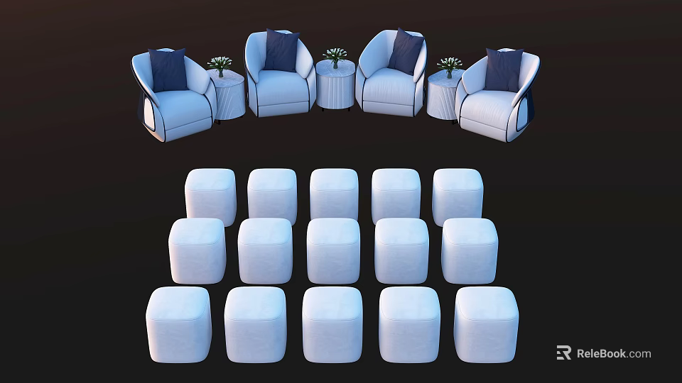 Stylish Light Blue Single Sofas With Dark Blue Cushions Small Stools Round Tables And Vases 3d model