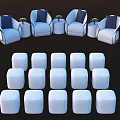 Stylish Light Blue Single Sofas With Dark Blue Cushions Small Stools Round Tables And Vases 3d model