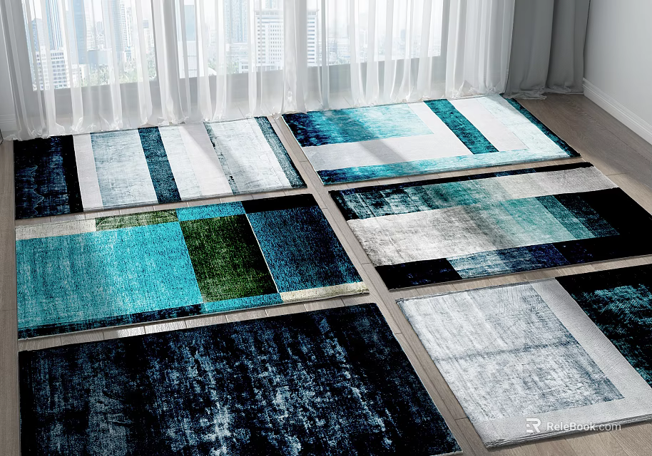 Multiple Colorful Square Rugs With Geometric Patterns On Indoor Living Room Floor 3d model 