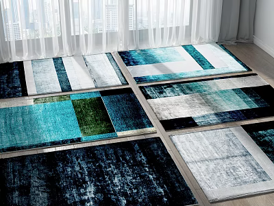 Multiple Colorful Square Rugs With Geometric Patterns On Indoor Living Room Floor 3d model