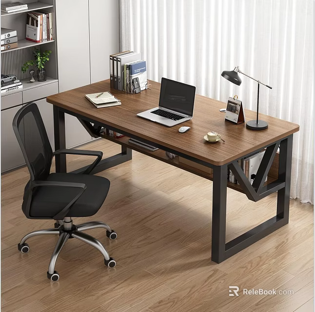 Wooden Office Desk with Black Metal Frame Laptop Notebook Desk Lamp and Black Mesh Chair 3d model 
