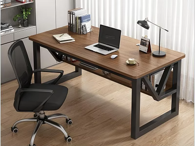 Wooden Office Desk with Black Metal Frame Laptop Notebook Desk Lamp and Black Mesh Chair 3d model