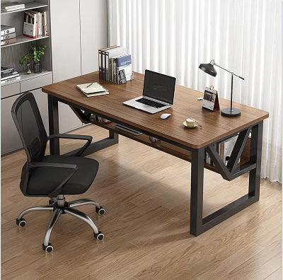 Wooden Office Desk with Black Metal Frame Laptop Notebook Desk Lamp and Black Mesh Chair 3d model