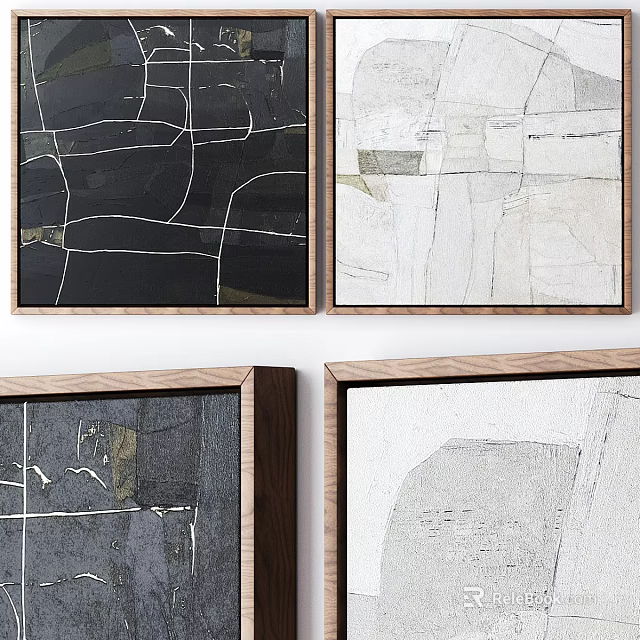 Abstract Wall Art Paintings With Wooden Frames In Black White Gray Tones 3d model 
