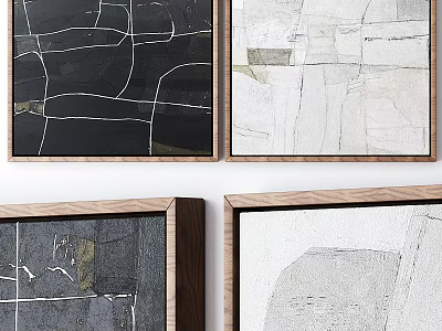 Abstract Wall Art Paintings With Wooden Frames In Black White Gray Tones 3d model