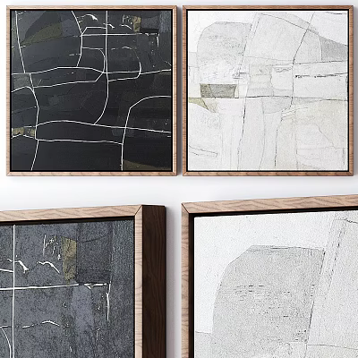 Abstract Wall Art Paintings With Wooden Frames In Black White Gray Tones 3d model