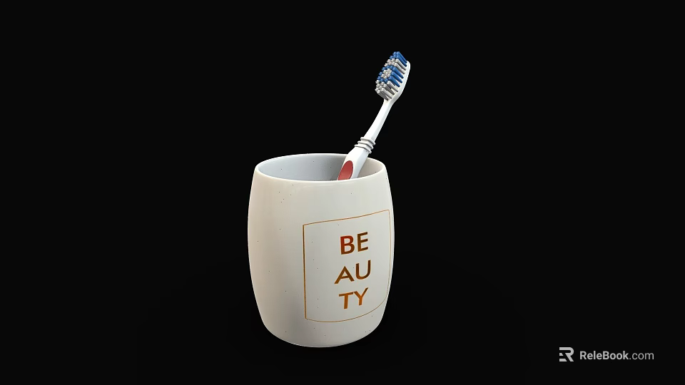 Decorative White Bathroom Accessories Cup Featuring Beauty Lettering Design And Toothbrush 3d model 