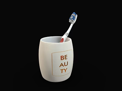 Decorative White Bathroom Accessories Cup Featuring Beauty Lettering Design And Toothbrush 3d model