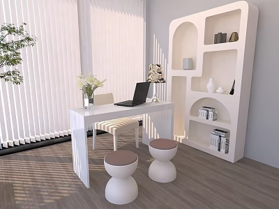 Modern Home Office Interior With White Desk Stools Laptop Vase And Shelf 3d model