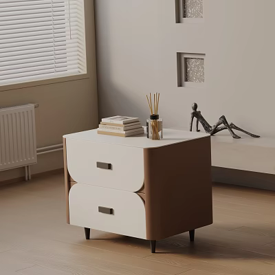 Modern Side Table With Two Drawers White Brown Finish Black Handles Books And Metal Sculpture 3d model
