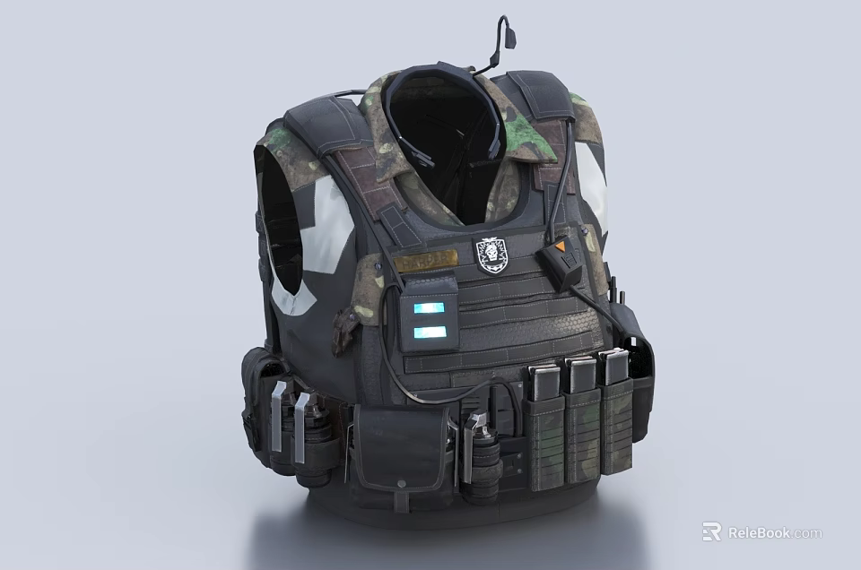 Military Style Tactical Vest With Camouflage Pattern Multiple Pockets Badge Light Indicators And Accessories 3d model 