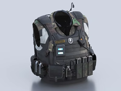Military Style Tactical Vest With Camouflage Pattern Multiple Pockets Badge Light Indicators And Accessories 3d model