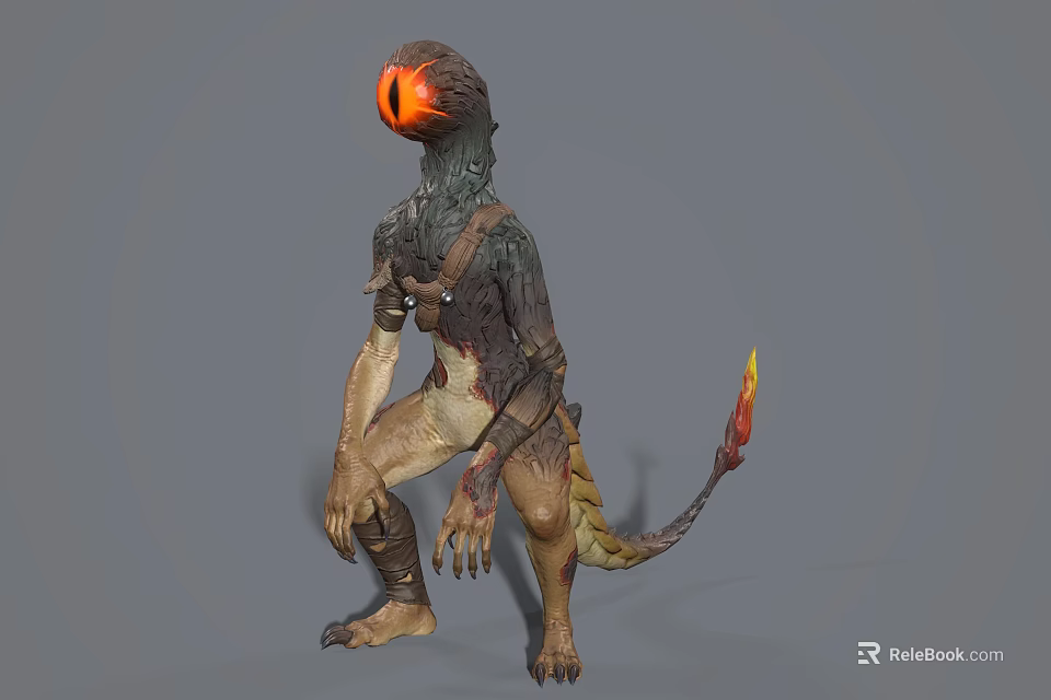 Mythical One Eyed Lizard Creature With Armored Body Sharp Claws And Flame Tail Standing 3d model