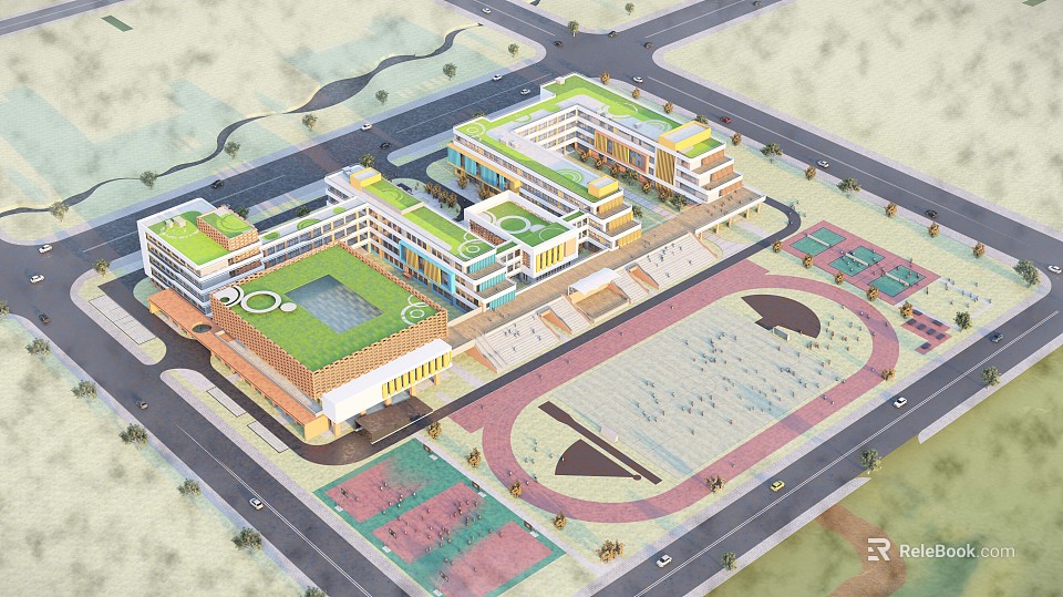 Modern School Building Complex Featuring Green Roofs Connected Structures And Sports Field Parking Area 3d model 