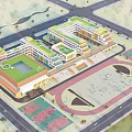 Modern School Building Complex Featuring Green Roofs Connected Structures And Sports Field Parking Area
