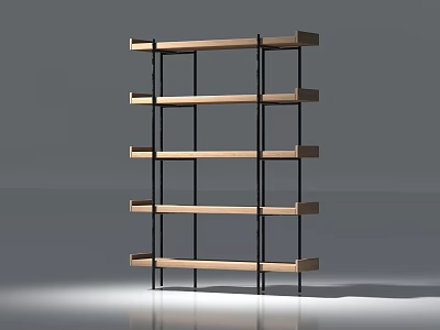 Modern Storage Shelf Unit With Wooden Shelves And Black Metal Frame 3d model
